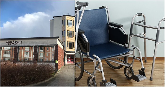 Bildcollage med två bilder där den först visar exteriör Ybbåsen på Postgatan 2 och den andra bilden visar en rullstol och rollator