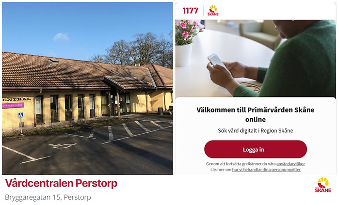 Bildcollage vårdcentralen i Perstorp tillsammans med skärmklipp om Region Skånes digitala primärvården online. I bildens nedarkant även adressuppgifter till vårdceltaen samt Region Skånes logotyp.