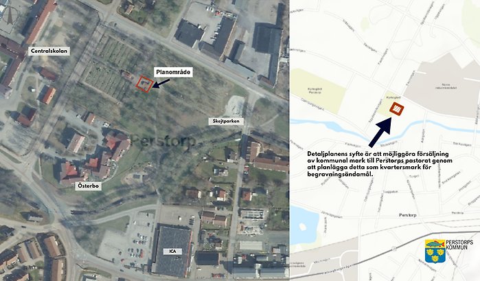 Bildcollage samråd del av Perstorp 21:1 öster om Spjutserödsvägen. Kartbilder med pilar som markerar aktuellt område.