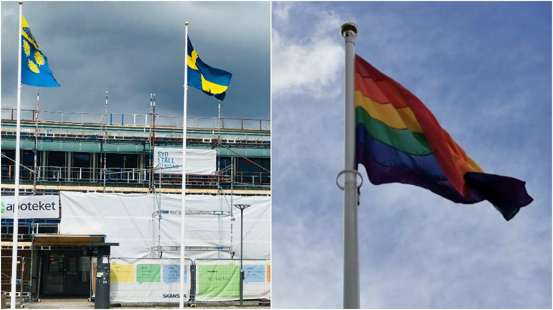 Regnbågsflagga på torget i Perstorp