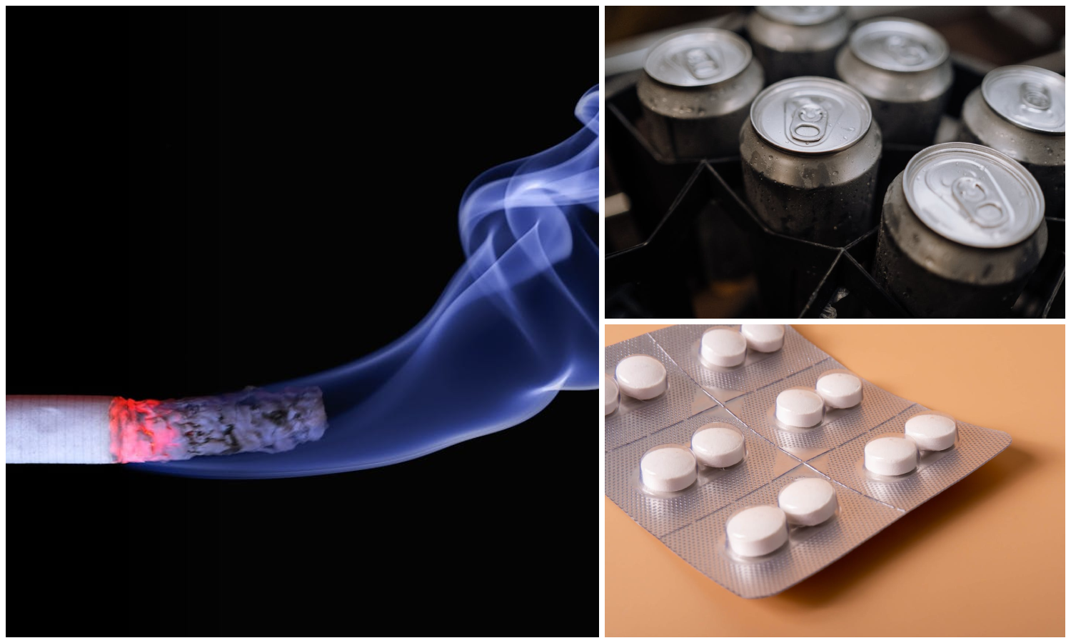 Bildcollage med tre bilder som visar cigarett, ölburkar och medicinförpackning