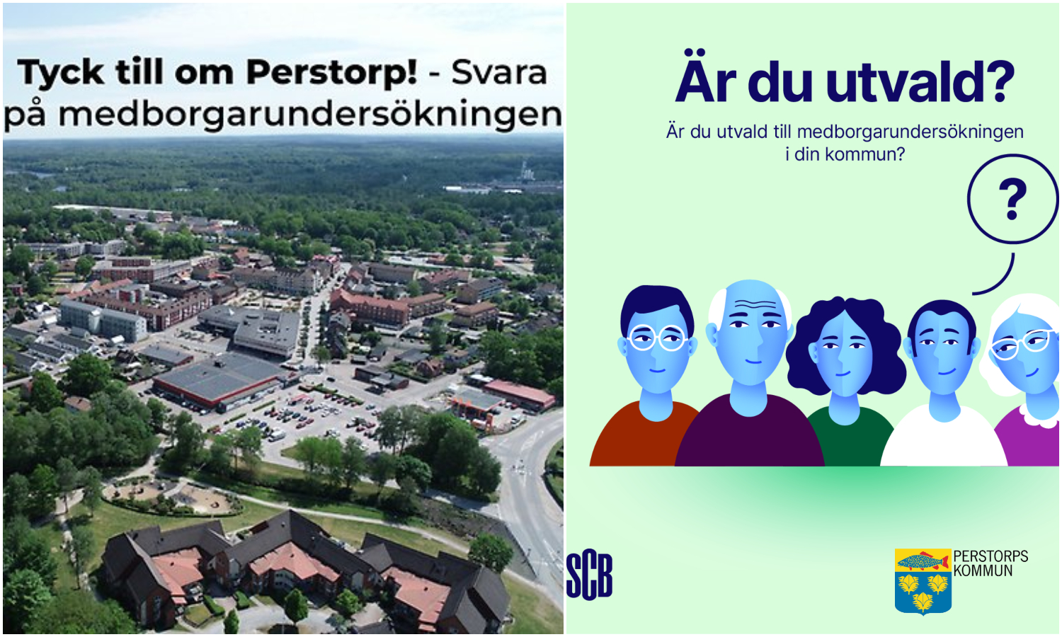 Bildcollage med två bilder föreställande Perstorp från ovan samt n bild med ljusgrön bakgrund med illustrerade figurer och text om SCB:s medborgarundersökning