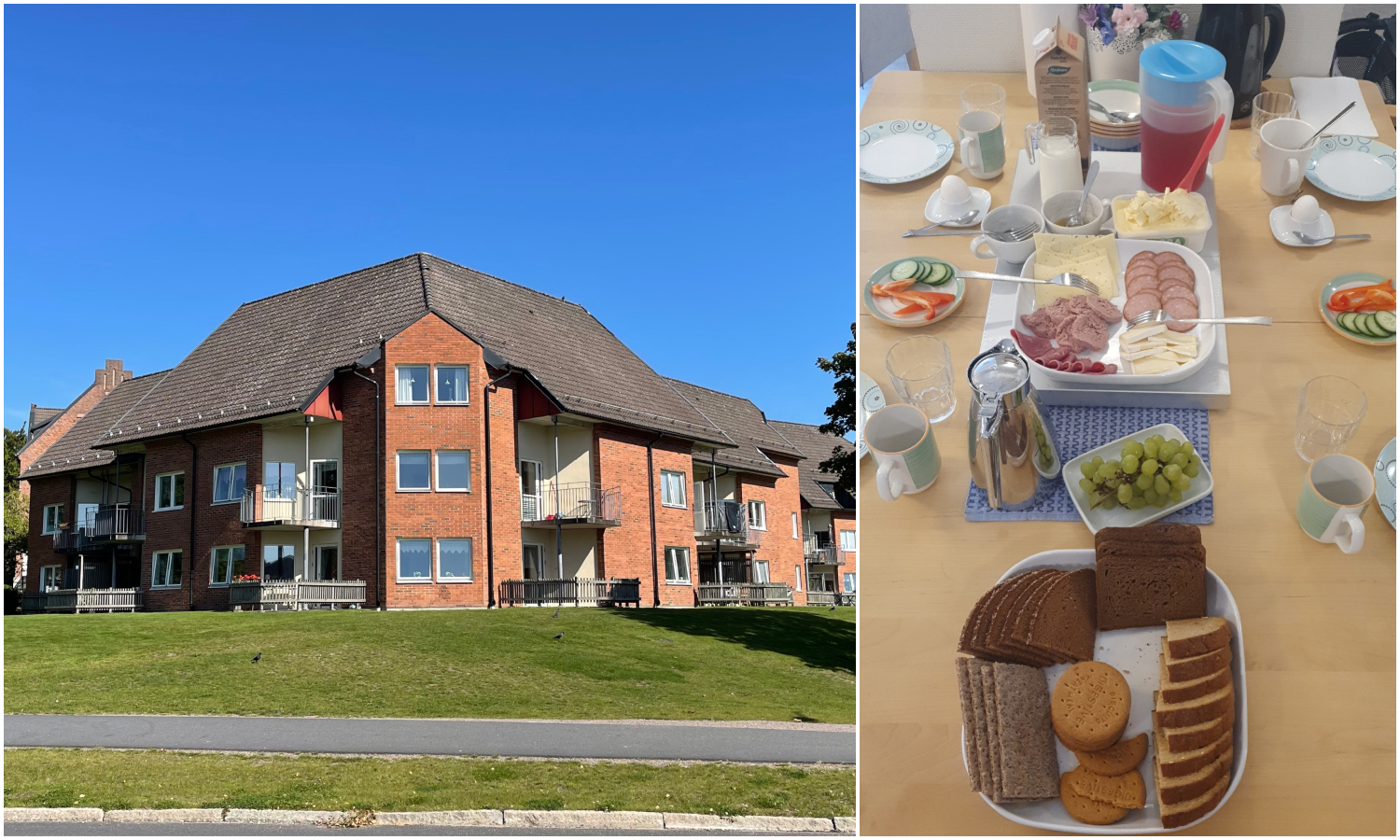 Bildcollage med två bilder som visar exteriör Österbo och en bild på frukostbuffé som serveras.