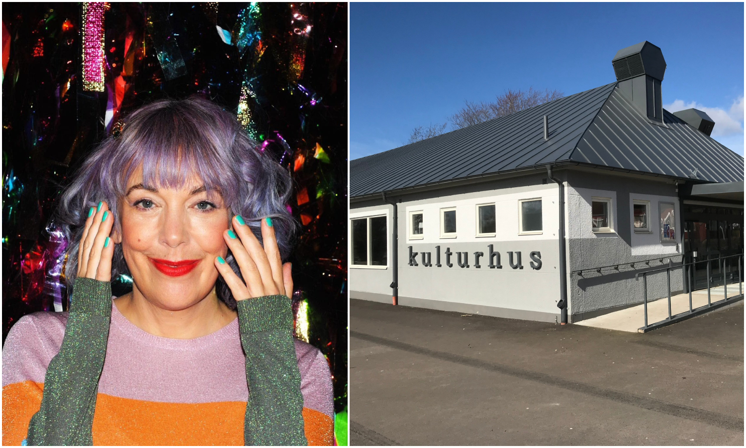 Bildcollage med två bilder där den första visar en kvinna med lila hår håller händerna vid öronen. Andra bilden visar exteriör Kulturhuset Perstorp