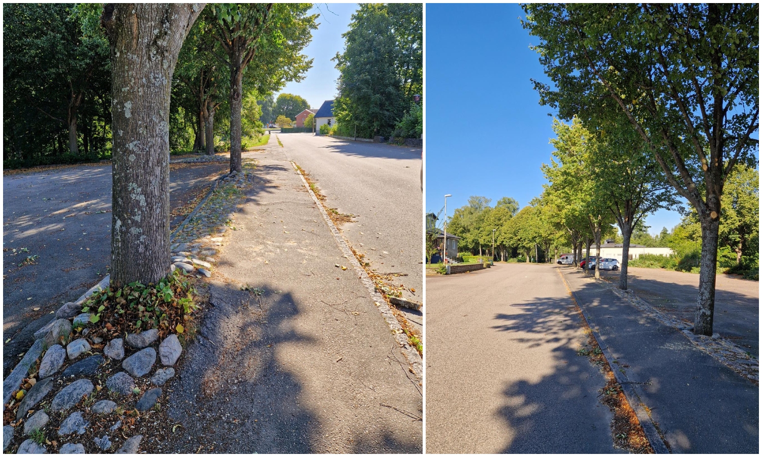 Bildcollage med två bilder som visar trottoar och lindar på Parkvägen i Perstorp.
