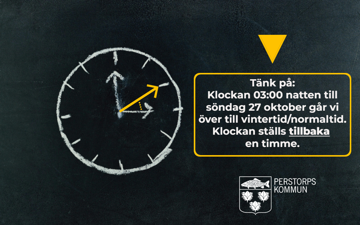 Dags för vintertid/normaltid. Natten till den 27 oktober är det dags att ställa tillbaka klockan en timme. Klockan ritad på griffeltavla med extra gul pil som visar att klockan ställs tillbaka från tre till två. I nedre högre hörnet ses Perstorps kommuns logotyp i vitt.