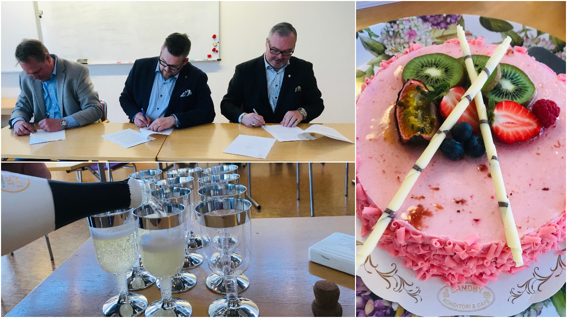 Avtal om utbyggnad av fiber till hela Perstorps kommun undertecknas vid en ceremoni i lokalen Karpen på kommunhuset. Från vänster Tomas Avenborg IP-Only, kommunalråd Torgny Linda (PF) och kommundirektör Ulf Bengtsson. 
