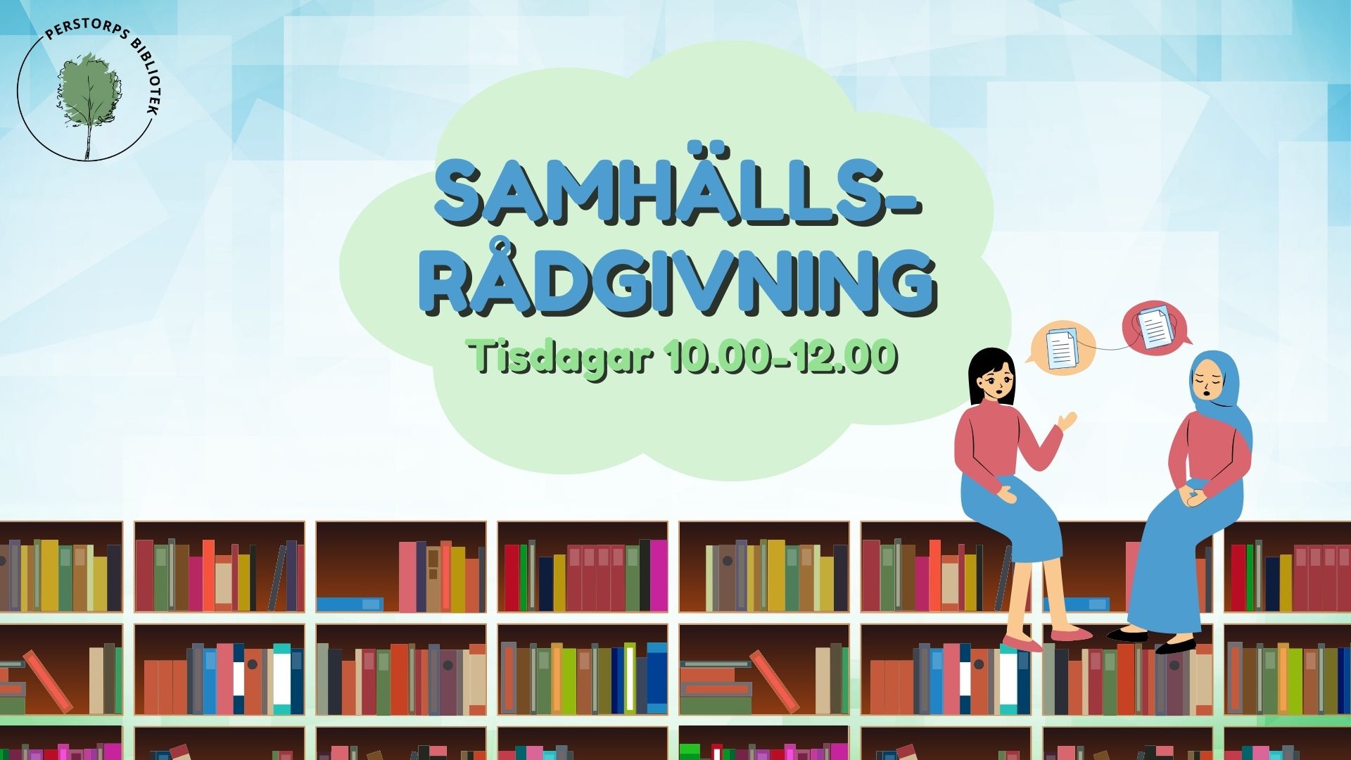 Illustrerad bild med information om samhällsinformation på biblioteket