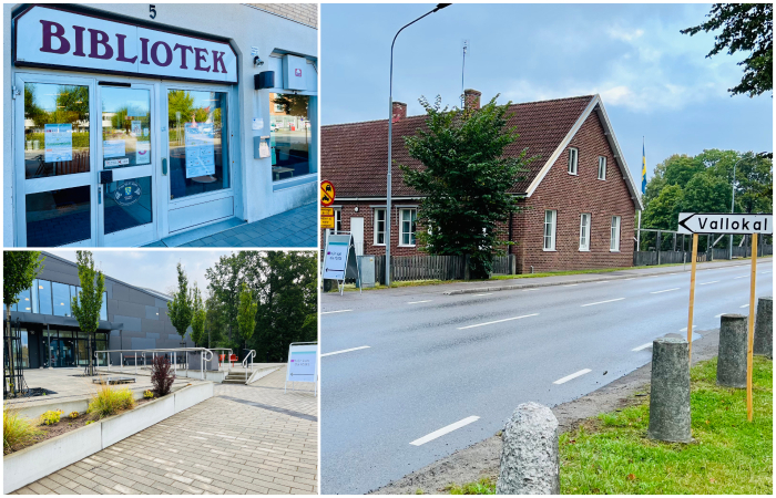Bildcollage med tre bilder som visar vallokaler i Perstorp, Oderljunga skola, Biblioteket och Ugglehallen