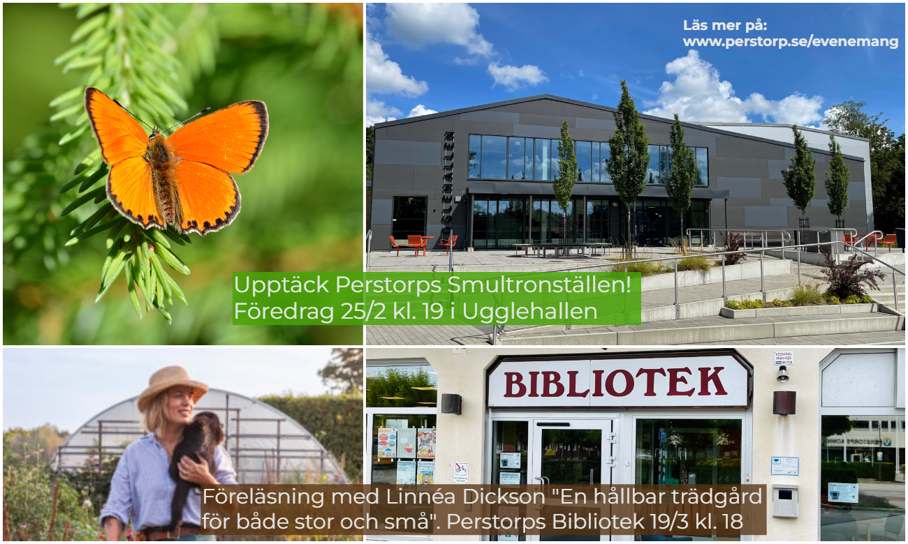 Bildcollage med fyra bilder som visar en fjäril, en kvinna i hatt som, bär en hund, exteriör Ugglehallen och exteriör biblioteket.- Med vit text på grön och beige bakgrund står information om två föredrag skrivet.