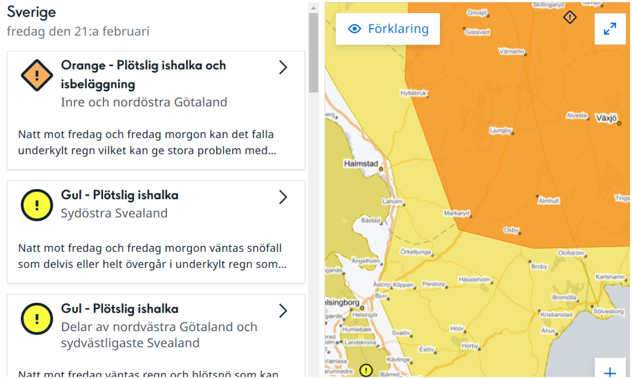 Skärmklipp från varningsmedelanden SMHI:s webbplats