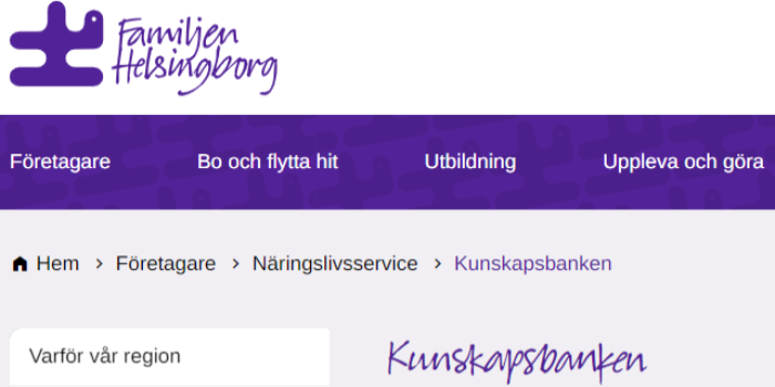 Skärmklipp från Kunskapsbankens webbplats Familjen Helsingborg
