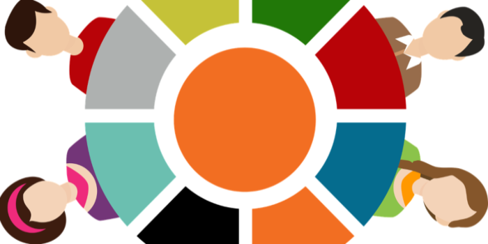 Illusrerad bild med personer runt en cirkel med olika färger