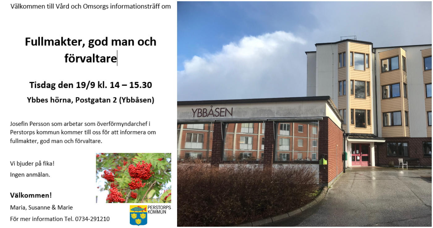 Bildcollage information om god man och förvaltare. Exteriör Ybbåsen på Postgatan.