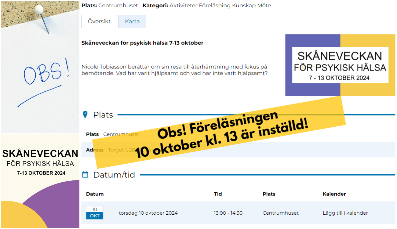 Collage med information om att intresserade behöver observera inställd föreläsning 10 oktober under Skåneveckan i Perstorp