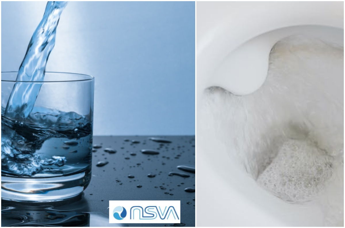 Bildcollage med två bilder där den ena visar vatten som hälls i ett vattenglas och den andra visar en toalett som spolas. I bildens nederkant ses även logotypen för NSVA.