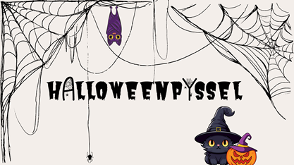 Illustrerad bild med Halloweentema som informerar om Halloweenpyssel på biblioteket