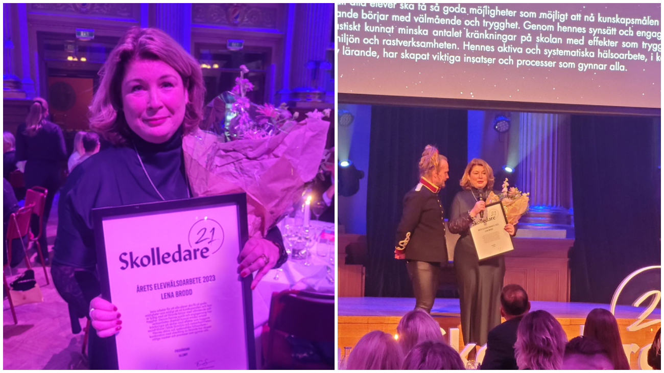 Bildcollage med två bilder där Lena Brodd, rektor på Centralskolan CT åk 4-6 prisas för Årets Elevhälsoarbete. 