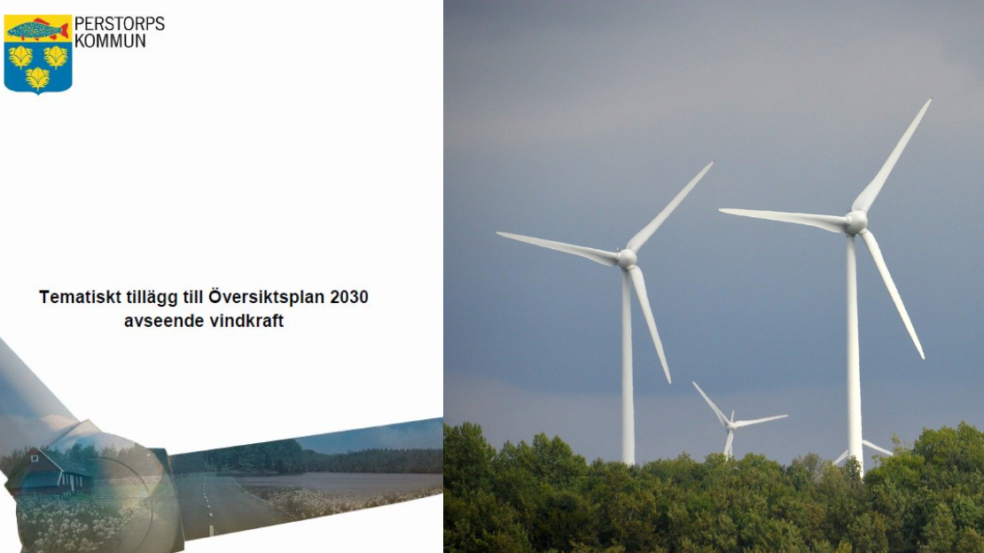 Bildcollage med omslag från tematisk tillägg Perstorps kommun samt bild på vindkraftverk