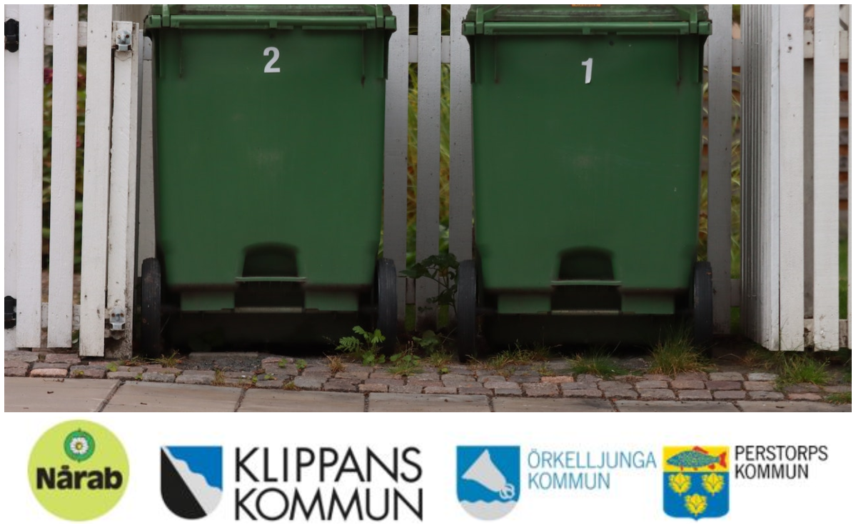 Gröna avfallskärl med logotypen för Nårab samt komunloggorna för Klippan, Örkelljunga och Perstorp.