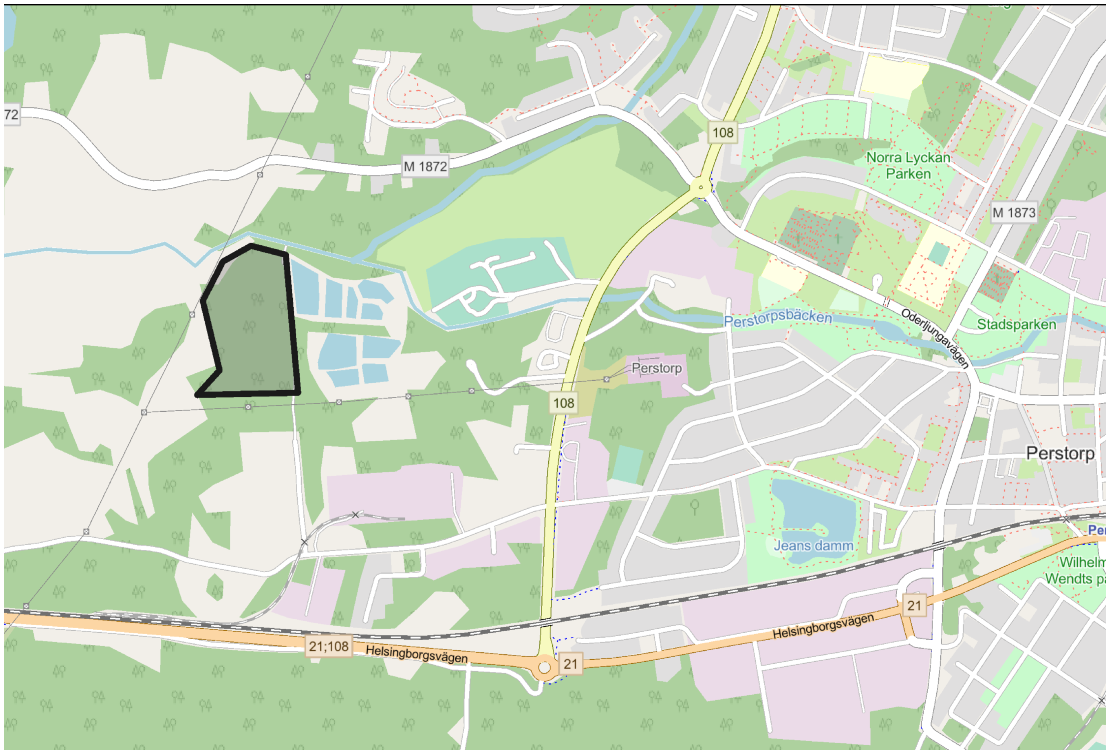 Kartbild som visar område där en biogasanläggning eventuellt kan komma att byggas. Kommunstyrelsen har godkänt ett markanvisningsavtal.