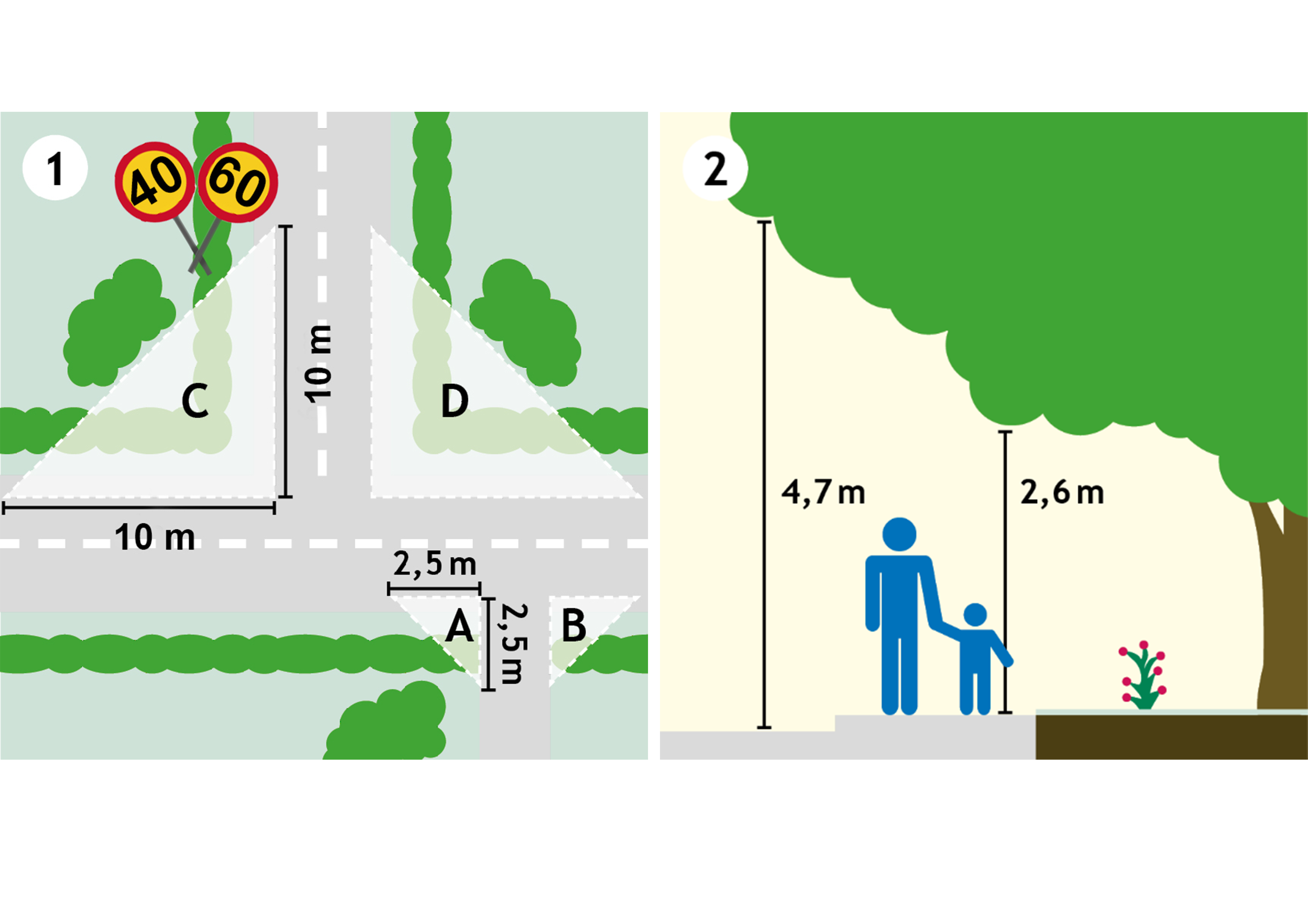 Två stycken illustrationer som visar vilka mått fastighetsägare med växtlighet mot allmän gata behöver förhålla sig till. 