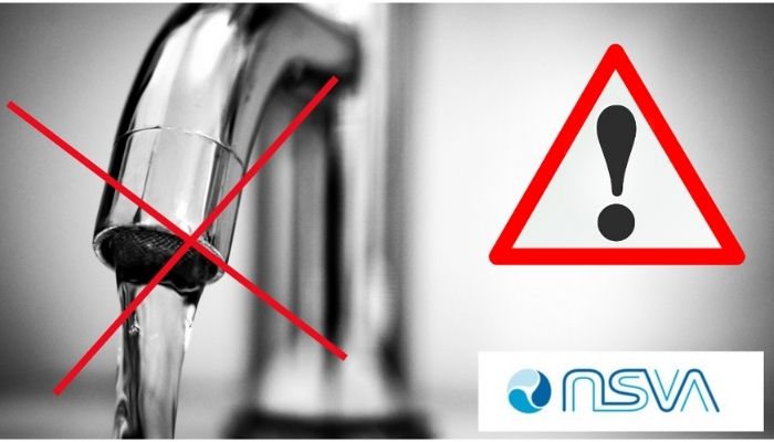Överkryssad vattenkran och varningstriangel tillsammans med NSVA:S logotyp