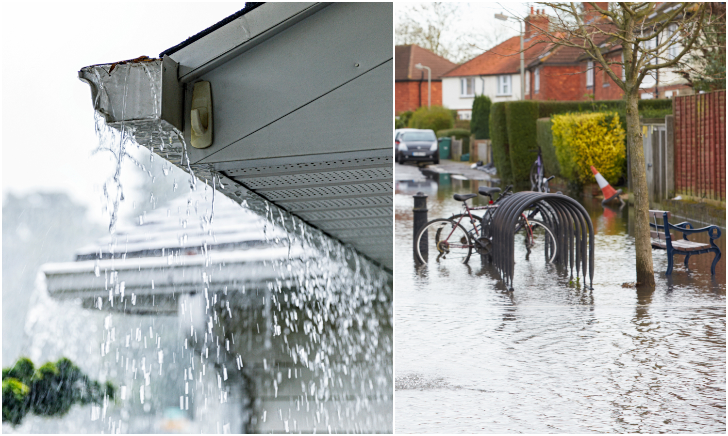 Bildtext med två bilder som visar skyfallsliknande regn. PÅ den första rinner det över från en hängränna och den andra visar stora mängder vatten som når högt på parkbänk och cykelställ.