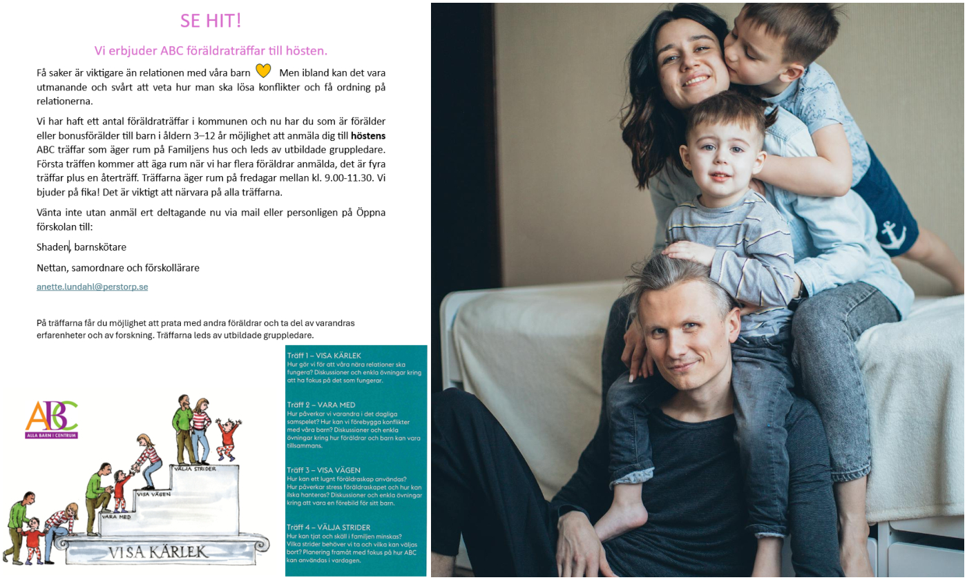 Bildcollage med två bilder som visar illustrerad information om ABC-föräldraträffar samt en familj som sitter vid en säng. Två vuxna och två barn.