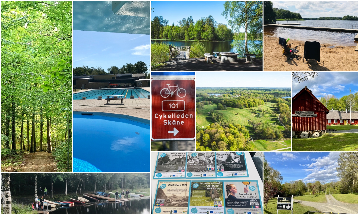 Bildcollage med flera bilder som visar sommaraktiviteter och platser i Perstorps kommun