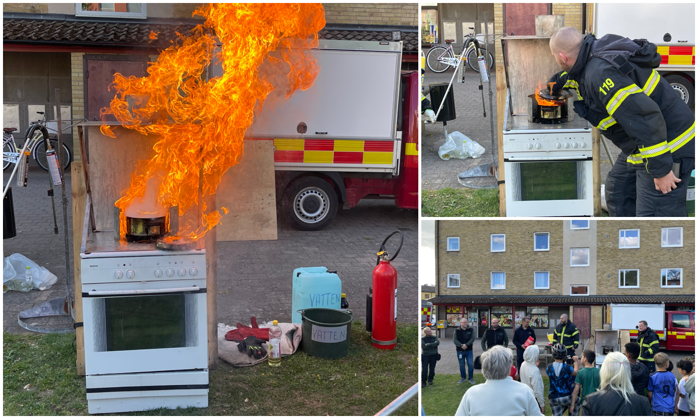 Brand på spis, demonstration med räddningstjänsten. Tre bilder som visar brand i kastrull, hur den släcks med lock och allmänhet som tittar på.