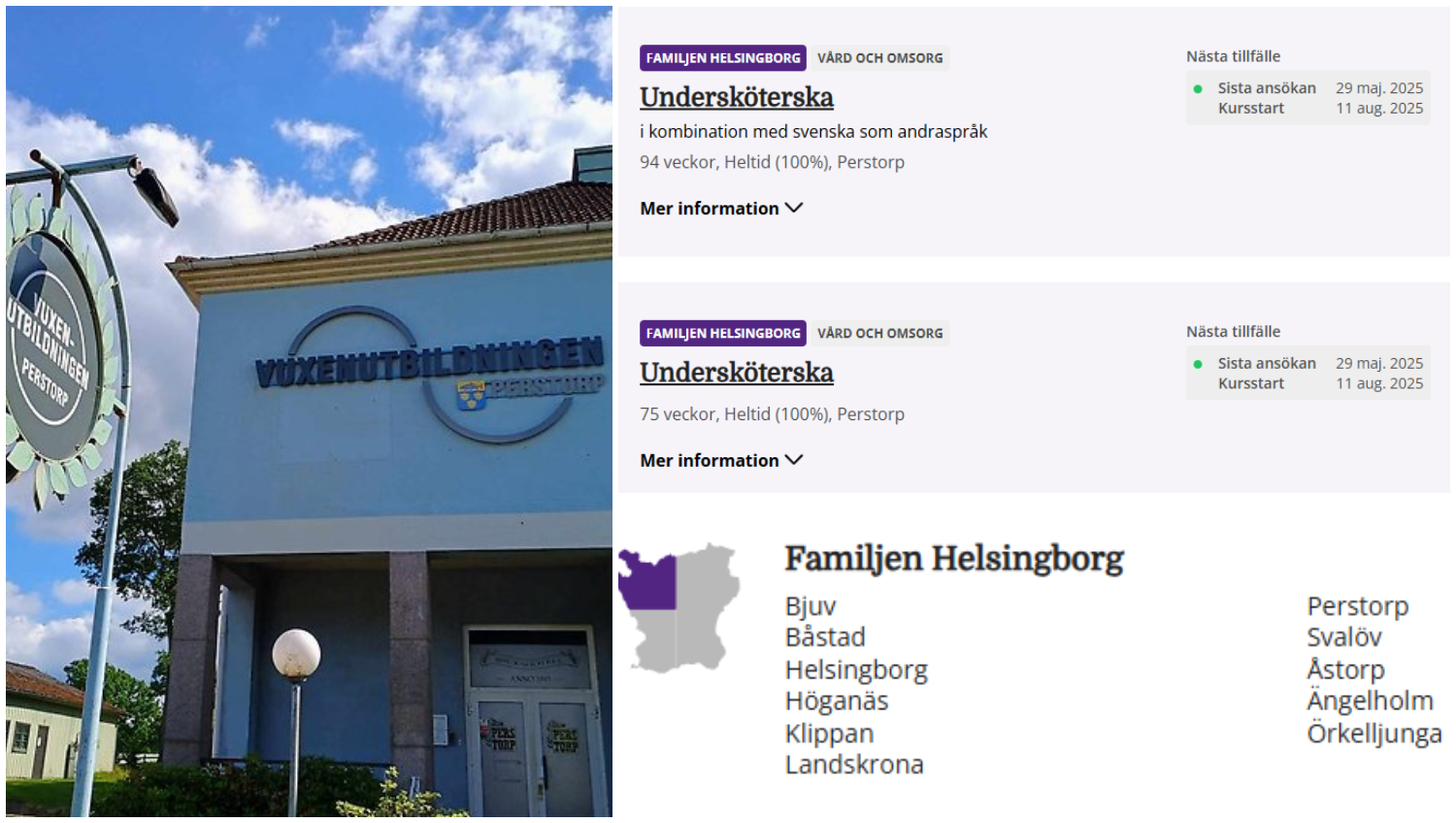 Bildcollage med tre bilder som visar exteriör Vuxenutbildningen samt skärmklipp från Familjens Helsingborgs Webbplats Skånevux med information om ansökningar till Vuxenutbildningen.