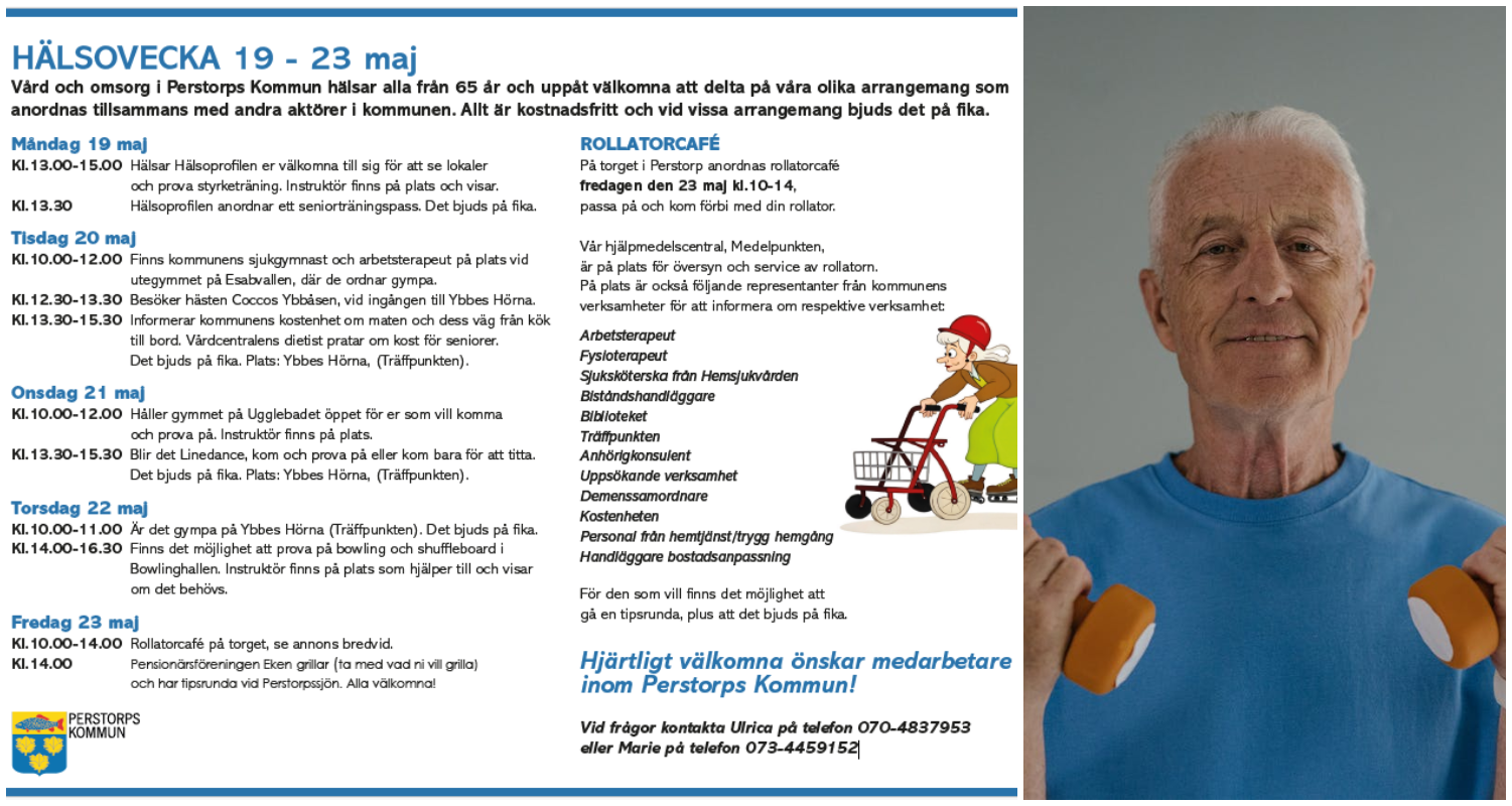 Bildcollage med program Hälsovecka samt mansperson som håller hantlar i händerna