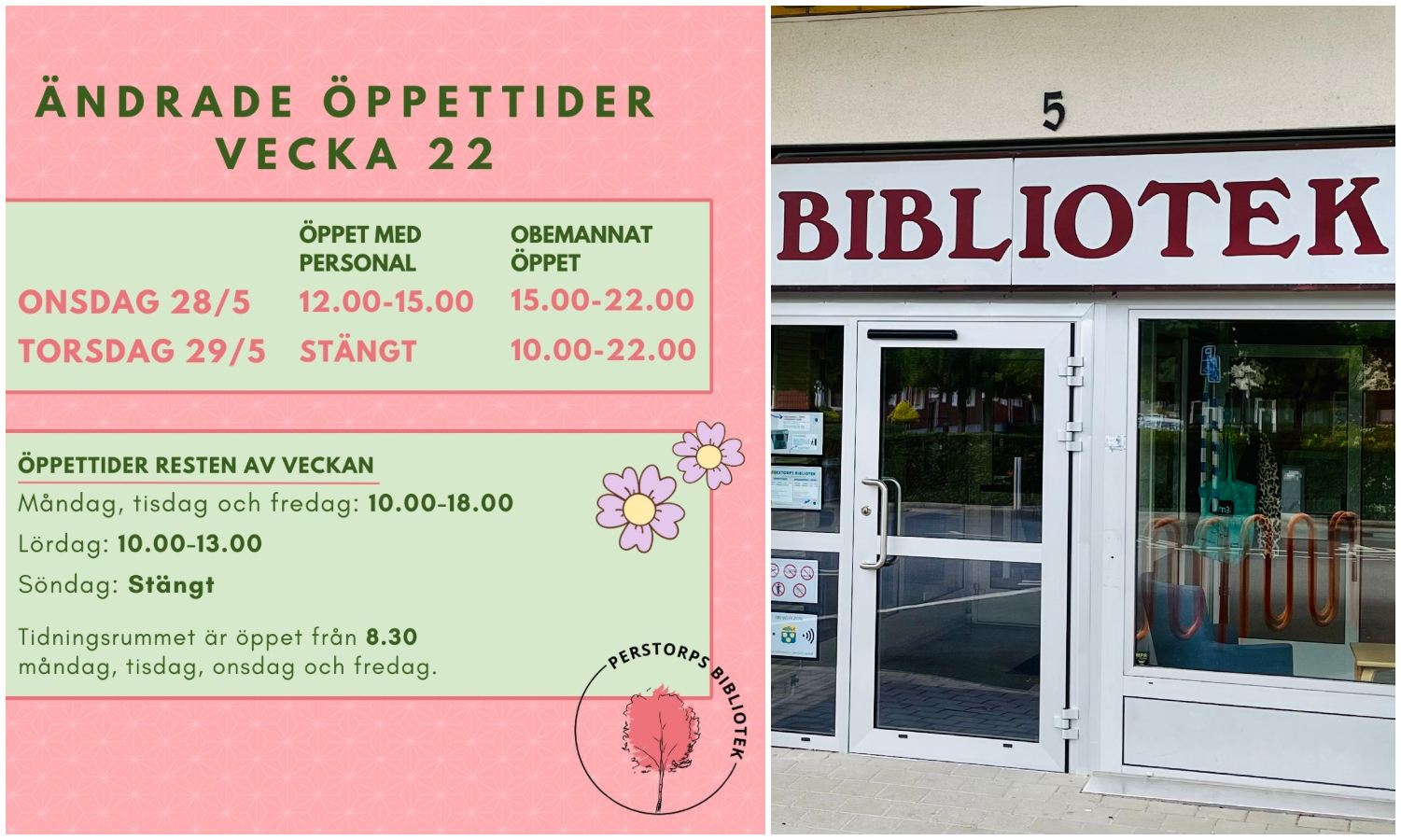 Bildcollage med illustrerad information om biblioteket öppettider under kristi himmelsfärdsdag. Bild två visar exteriör biblioteket.
