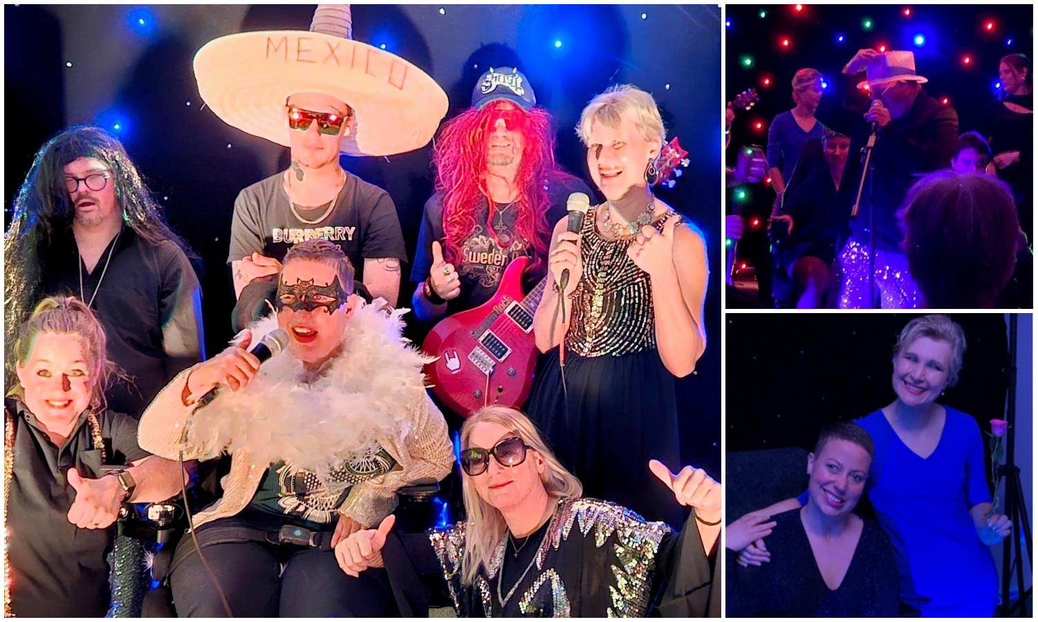 Bildcollage med tre bilder som visar deltagare i dagligverksamhets vårshow. De har scenkläder och ljuset i lokalen är dämpad
