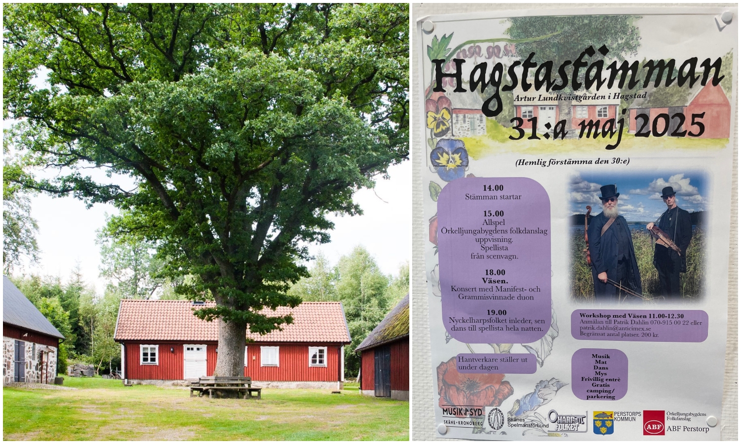 Bildcollage med två bilder som dels visar exteriör Artur Lundkvist födelsehem i Hagstad och dels programaffsich för hagstadagen.
