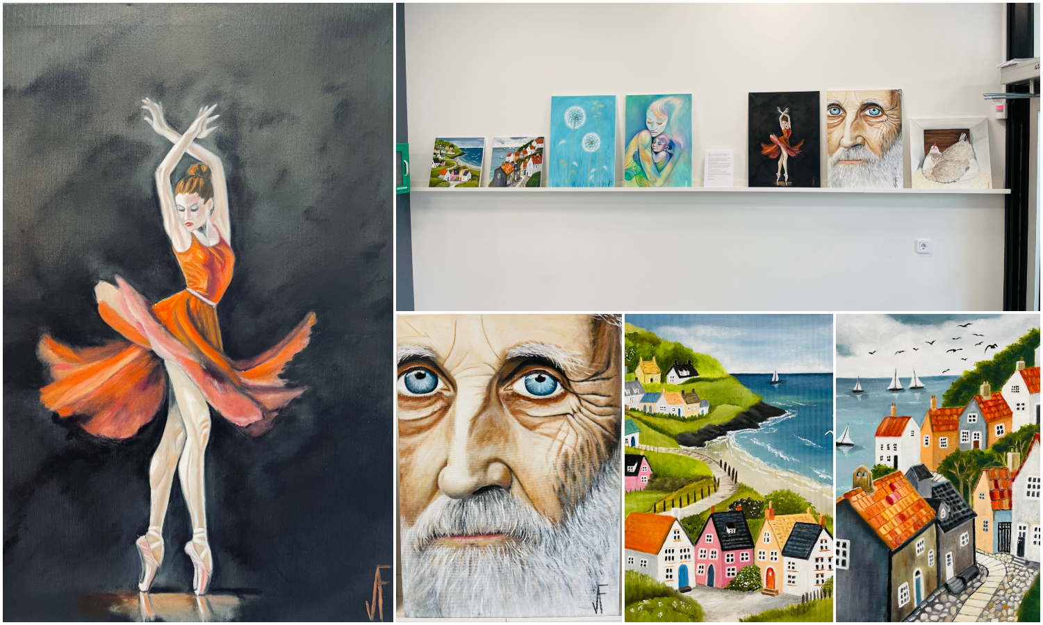 Bildcollage med sju bilder som visar målningar med motiv från djur, männsikor och natur. Målningarna visas på tavellisten i foajén, Centrumhuset.
