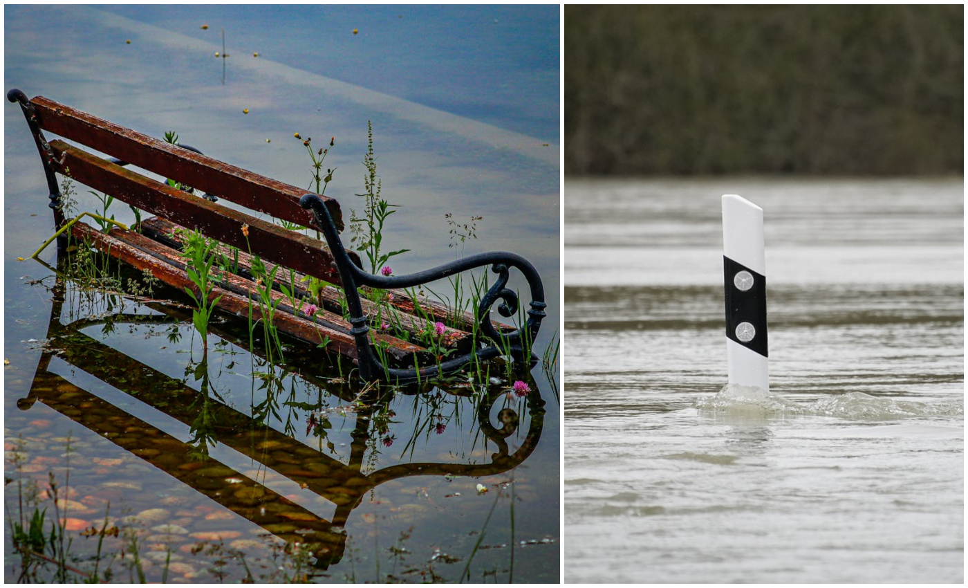 Bildcollage med två bilder där den första visar en översvämmad bänk. Den andar visar en vägstolpe omringad av högt vatten.