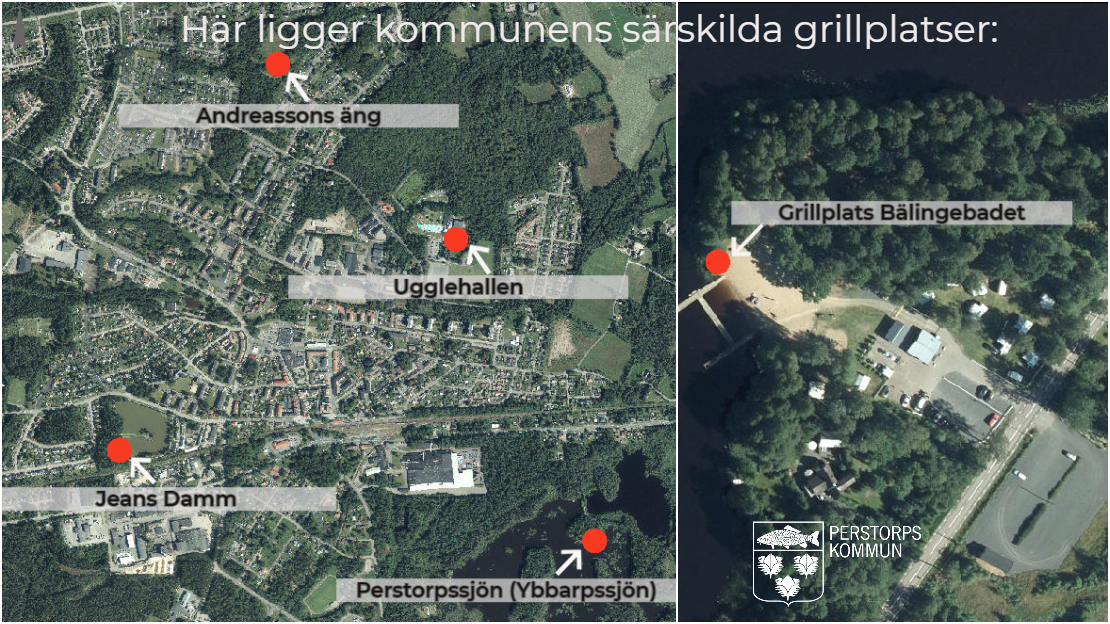 Bildcollage som visar var kommunens särskilda grillplatser ligger