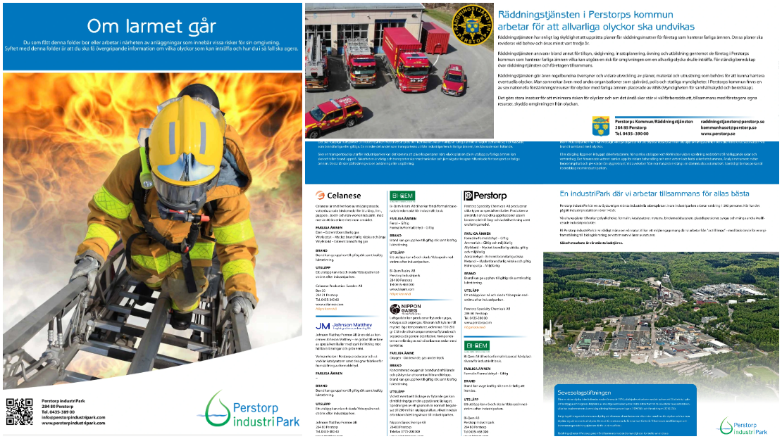 Folder "Om larmet går" - information till allmänhet i händelse av olycka på Perstorps Industripark.