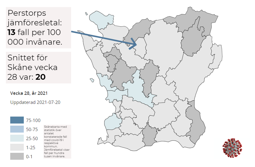 Grafik som visar antal konstaterade fall av covid-19 per hundra tusen invånare i Skåne