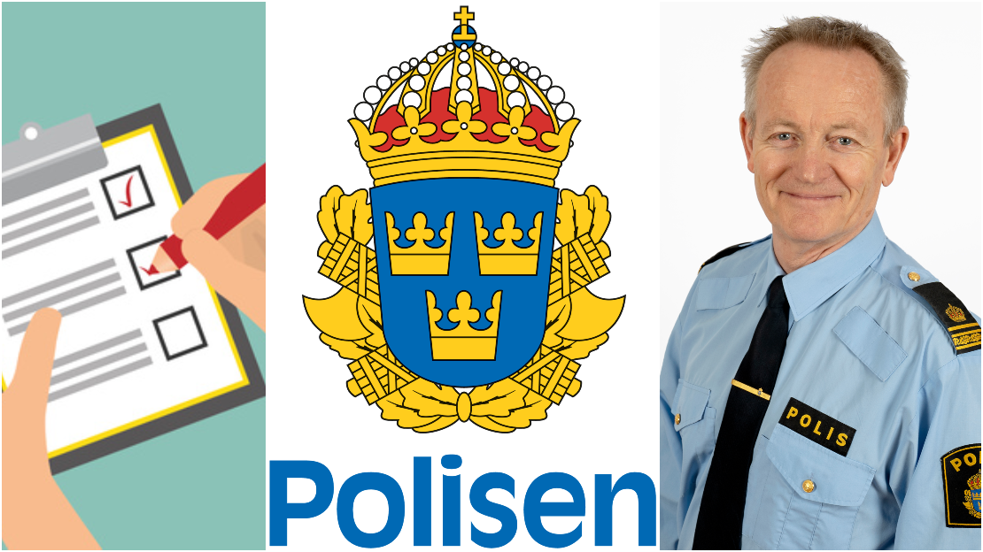 Bildcollage med tre bilder som visar illustration på frågeformulär samt polisens logotyp och porträttbild på polisen Mats Trulsson.