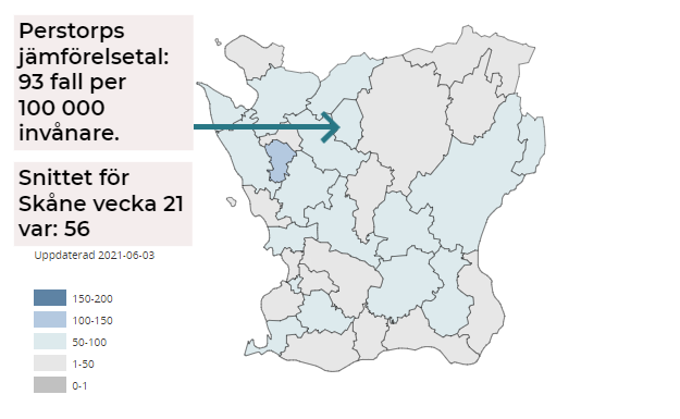 Skånekarta med statistik över antalet konstaterade fall med covid-19 i respektive kommun