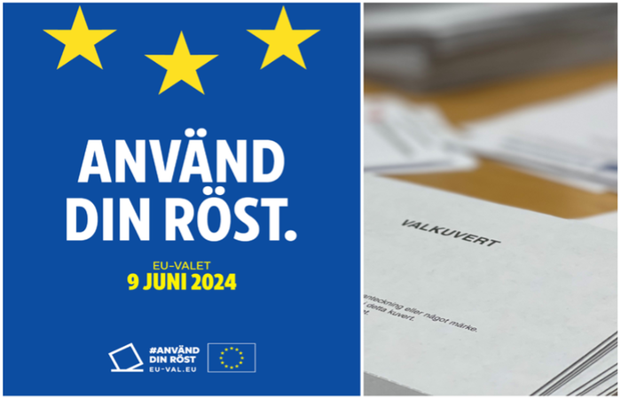 Bildcollage med två bilder där den första visar en affisch med information om att det var EU-val 9 juni. Bild två visar valkuvert