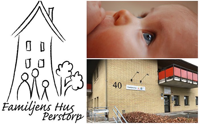 Bildcollage med tre bilder. Exteriör Familjens Hus på Stockholmsvägen 40, ett spädbarn samt logotypen för Familjens Hus