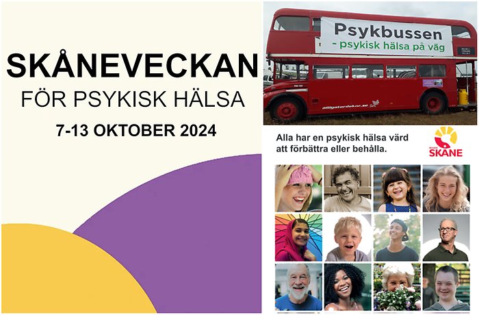 Bildcollage med tre bilder som berättar om Skåneveckan 2024. DEn första är en illustration med färgerna lila och gult. Den andra bilden visar en röd dubbeldäckarbuss på vilken det står Psykbussen och den tredje bilden är en flyer från Region Skåne med infor om psykisk hälsa.