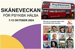 Bildcollage med tre bilder som berättar om Skåneveckan 2024. DEn första är en illustration med färgerna lila och gult. Den andra bilden visar en röd dubbeldäckarbuss på vilken det står Psykbussen och den tredje bilden är en flyer från Region Skåne med infor om psykisk hälsa.