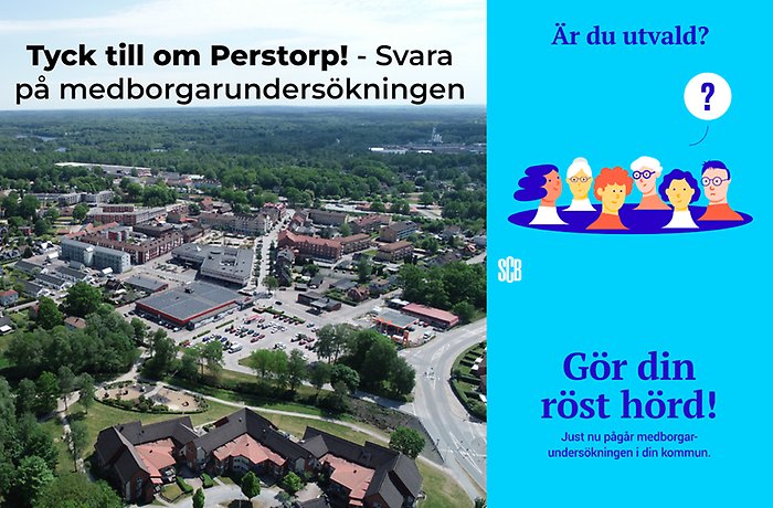 Bildcollage med två bilder föreställande Perstorp från ovan samt n bild med blå bakgrund med illustrerade figurer och text om SCB:s medborgarundersökning