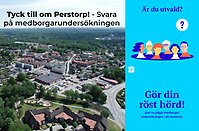 Bildcollage med två bilder föreställande Perstorp från ovan samt n bild med blå bakgrund med illustrerade figurer och text om SCB:s medborgarundersökning