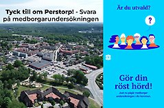 Bildcollage med två bilder föreställande Perstorp från ovan samt n bild med blå bakgrund med illustrerade figurer och text om SCB:s medborgarundersökning